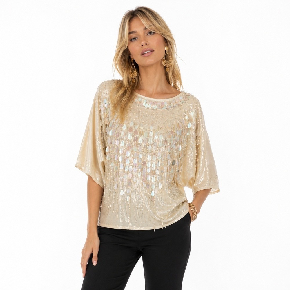 80s Oleg Cassini Women's Blouse Silk Cream Iridescent Sequin Paillettes XL